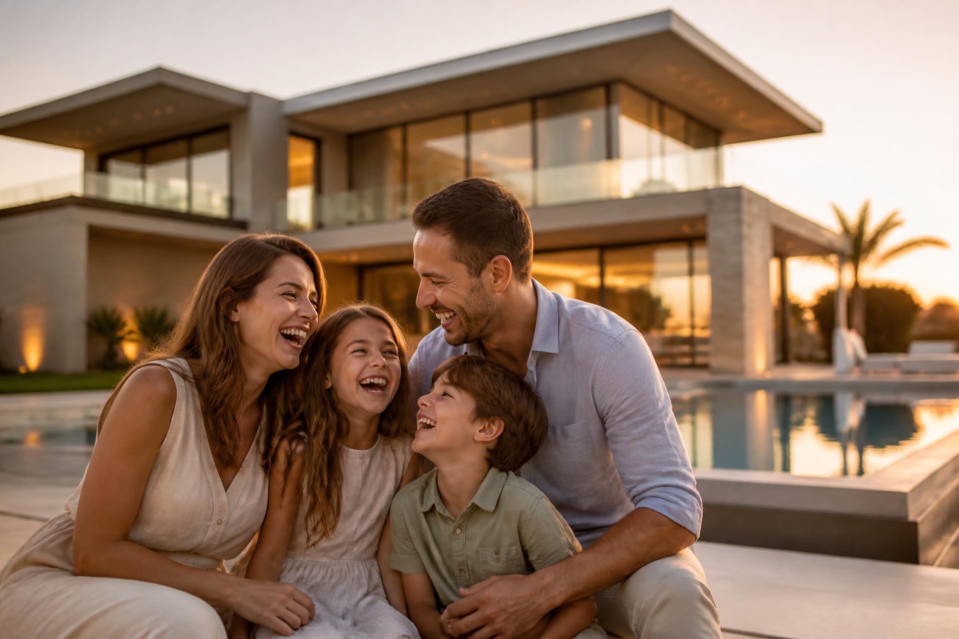 Família feliz em frente a uma casa de alto padrão ao pôr do sol